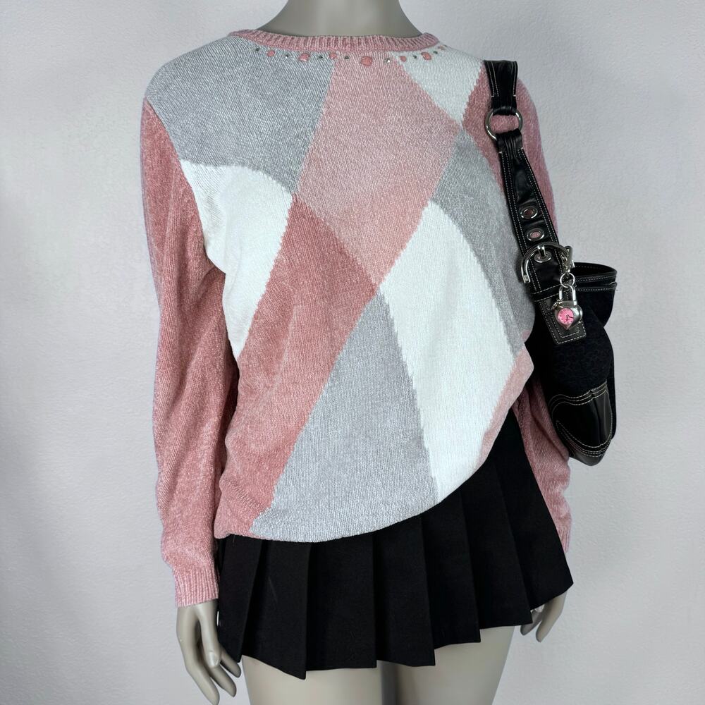 Chenille Argyle Sweater Pink Gray White Size XL Cozy Y2K Grandma Core